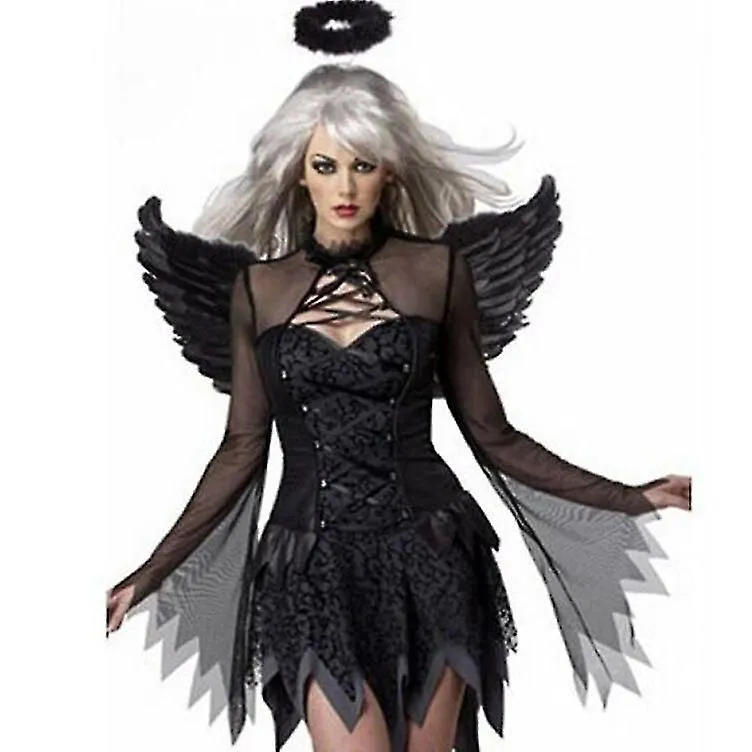 Blanco Negro Ángel Caído Con Halo Y Alas Sets Fantasy Cosplay Para Mujeres Adultas Fiesta Fancy Dress Halloween Devil Costume