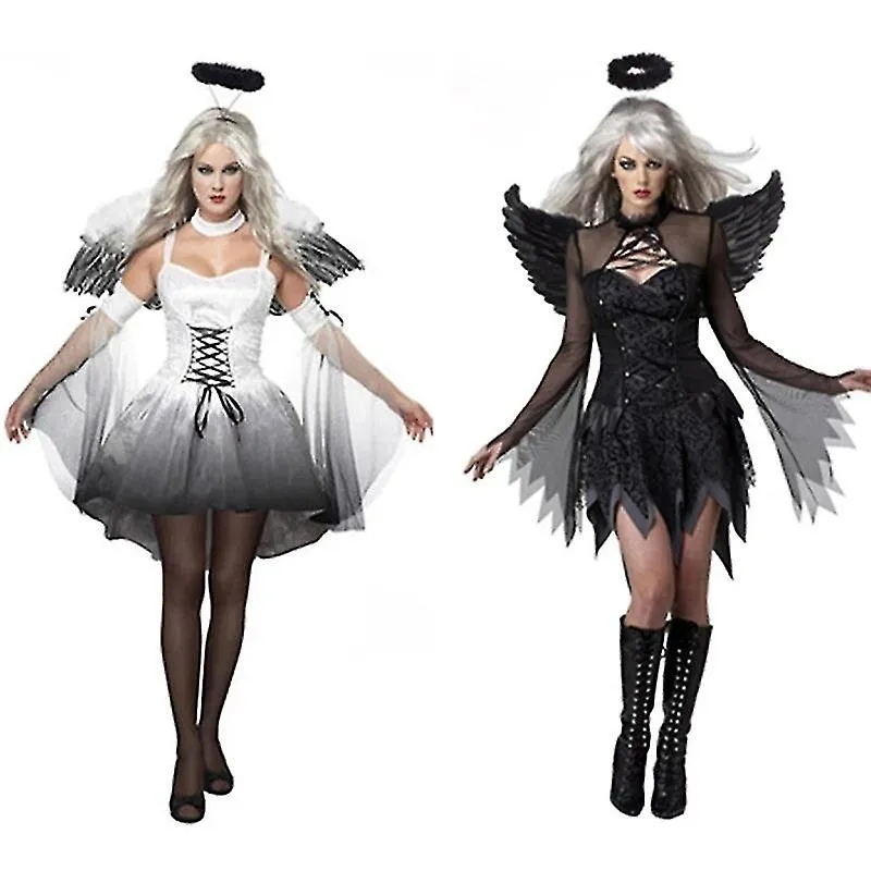 Blanco Negro Ángel Caído Con Halo Y Alas Sets Fantasy Cosplay Para Mujeres Adultas Fiesta Fancy Dress Halloween Devil Costume