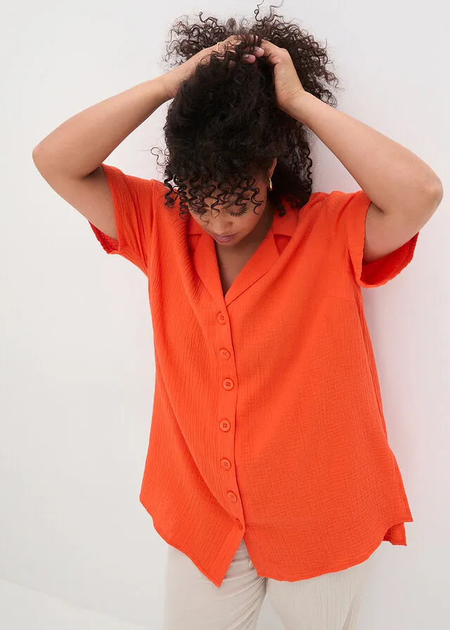 Camisa larga de muselina con botones y manga corta Rojo mandarina