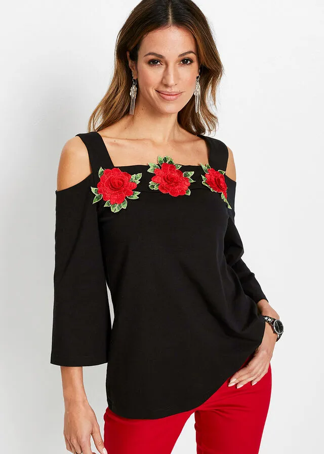 Camiseta con hombros al descubierto Negro-rojo de flores