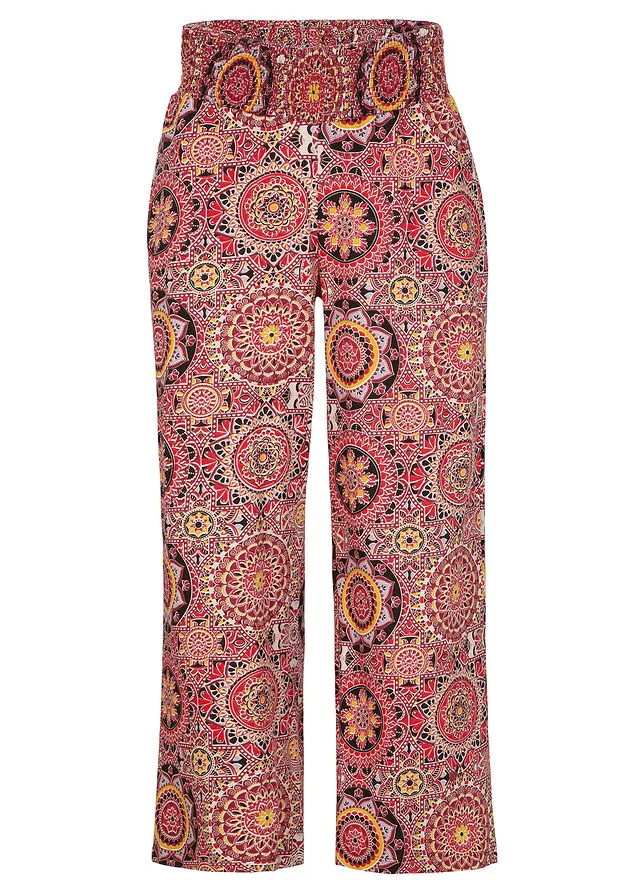 Culotte ancho de punto con cintura ancha de nido de abeja y corte capri Rojo atardecer con patrón paisley