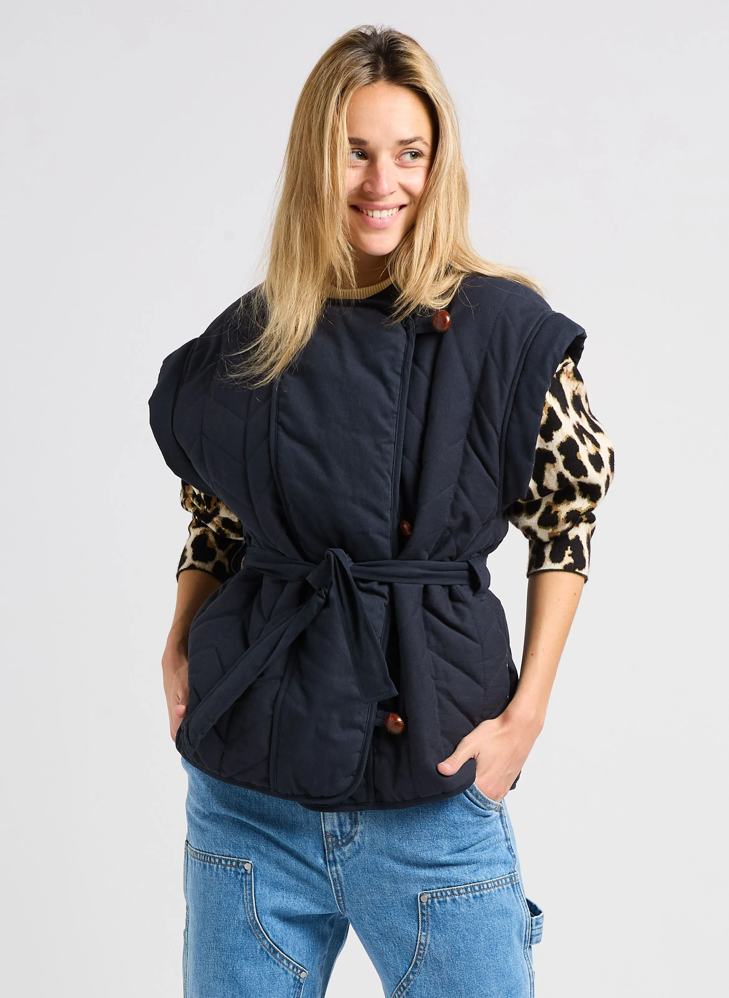 ESCAPE - Chaqueta recta cuello redondo de algodón en azul