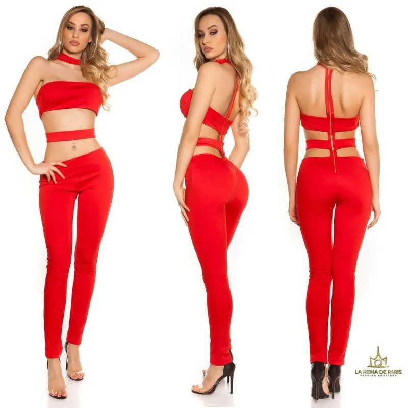 Jumpsuit ajustado rojo sexy recortes