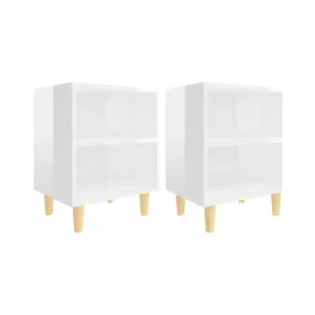 Mesitas de noche patas madera 2 uds blanco brillo 40x30x50 cm