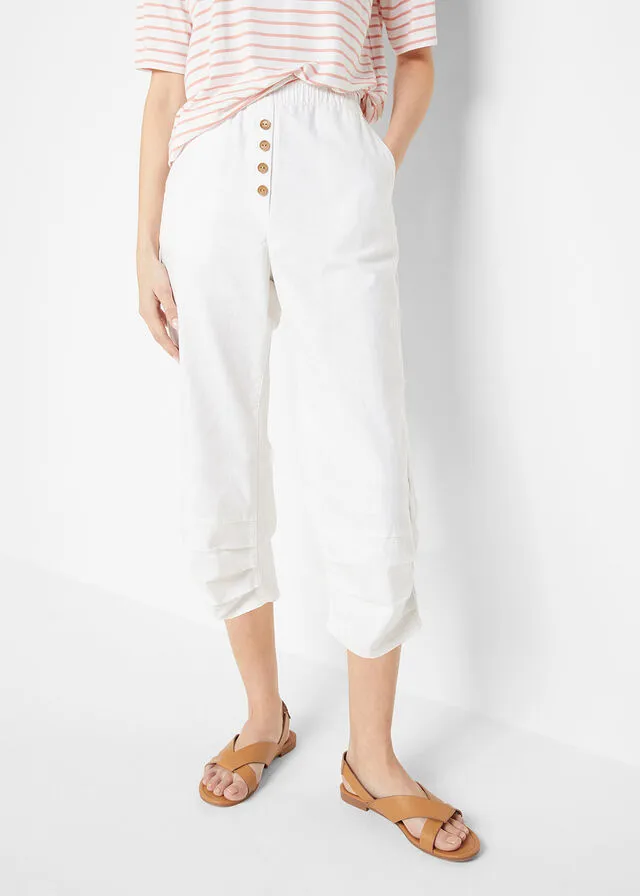 Pantalón de talle alto y largo 3/4 con lino y cintura cómoda Blanco