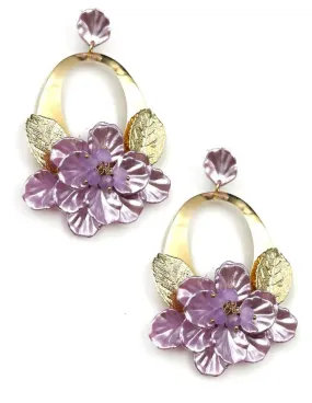 PENDIENTES FLAMENCA DE AROS Y FLOR ROSA LILACEA PARA LA FERIA