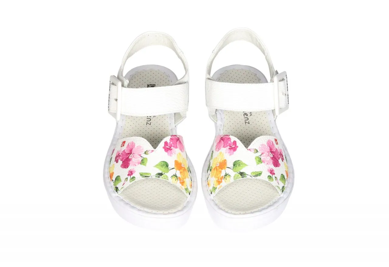 Sandalia Piel Blanco Tira Pala Estampado Floral Multicolor