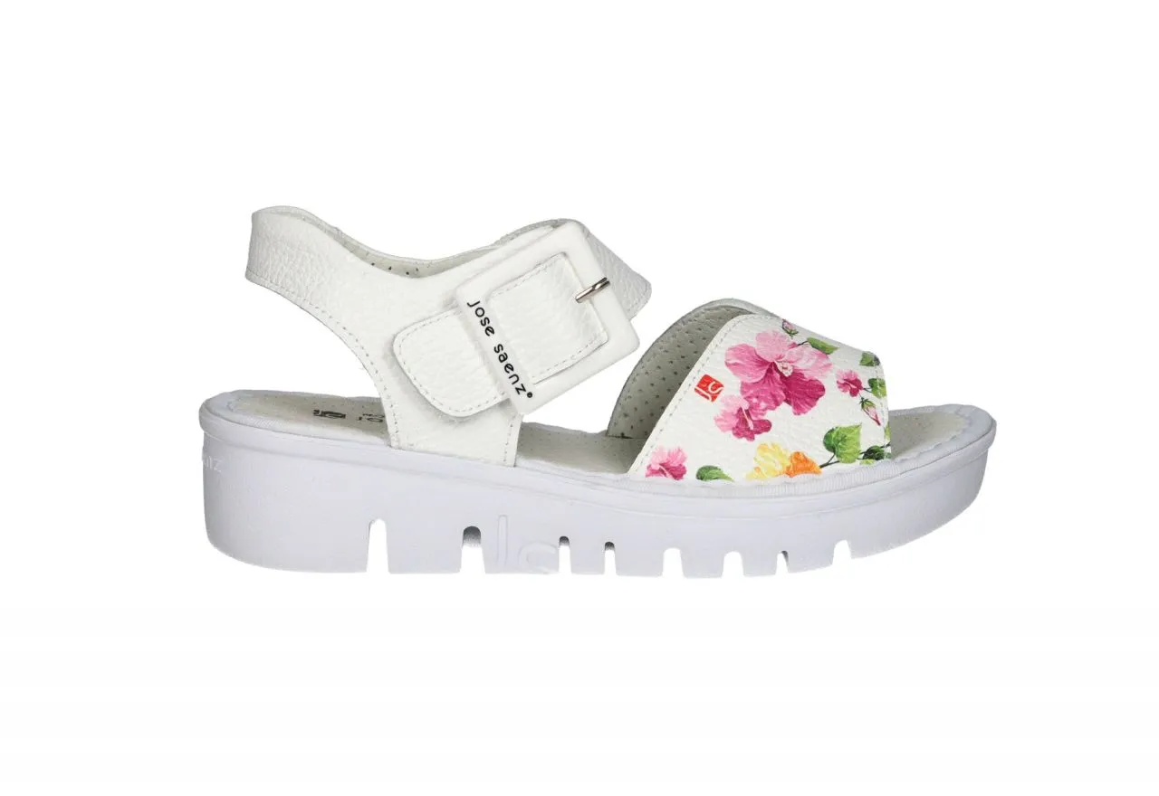 Sandalia Piel Blanco Tira Pala Estampado Floral Multicolor