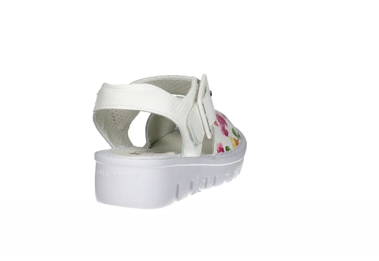 Sandalia Piel Blanco Tira Pala Estampado Floral Multicolor