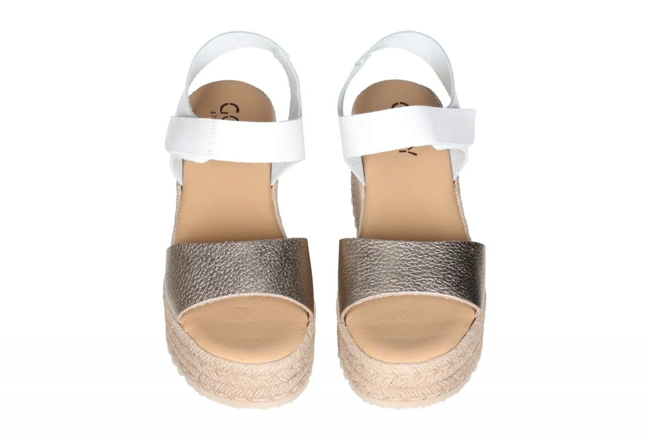 Sandalia Velcro Piel Oro Talon Blanco CuÑa