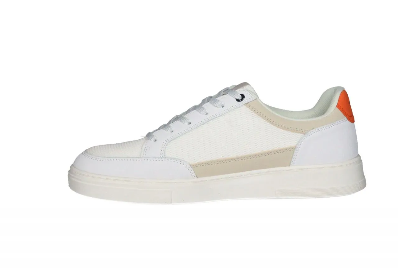 Sneaker Blanco Pala y Laterales Rejilla Pieza Talon Naranja Cuello Beige