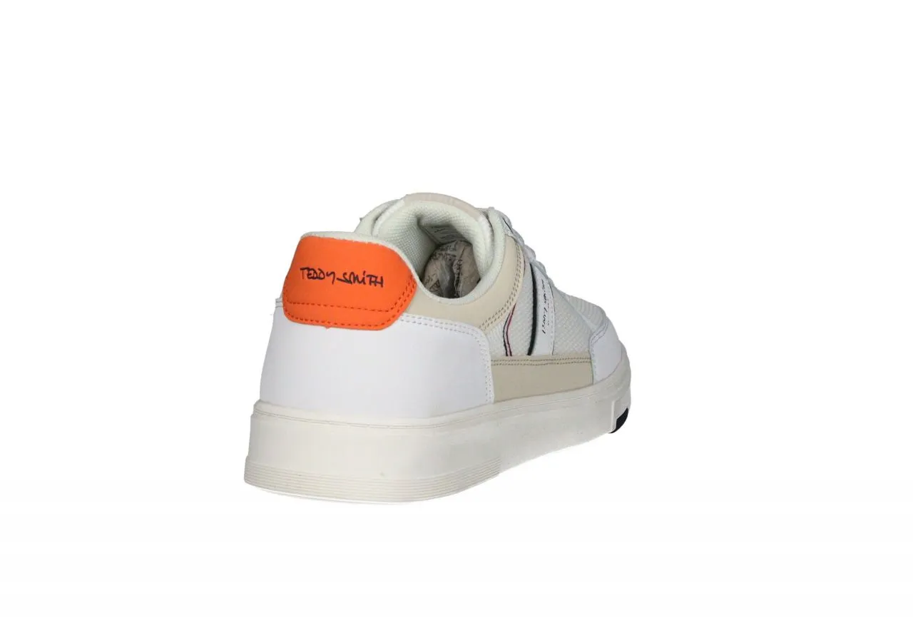 Sneaker Blanco Pala y Laterales Rejilla Pieza Talon Naranja Cuello Beige