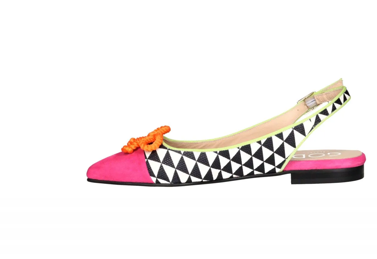 Zapato Talon Abierto Piel Blanco/negro Punta Ante Fucsia Lazo Naranja