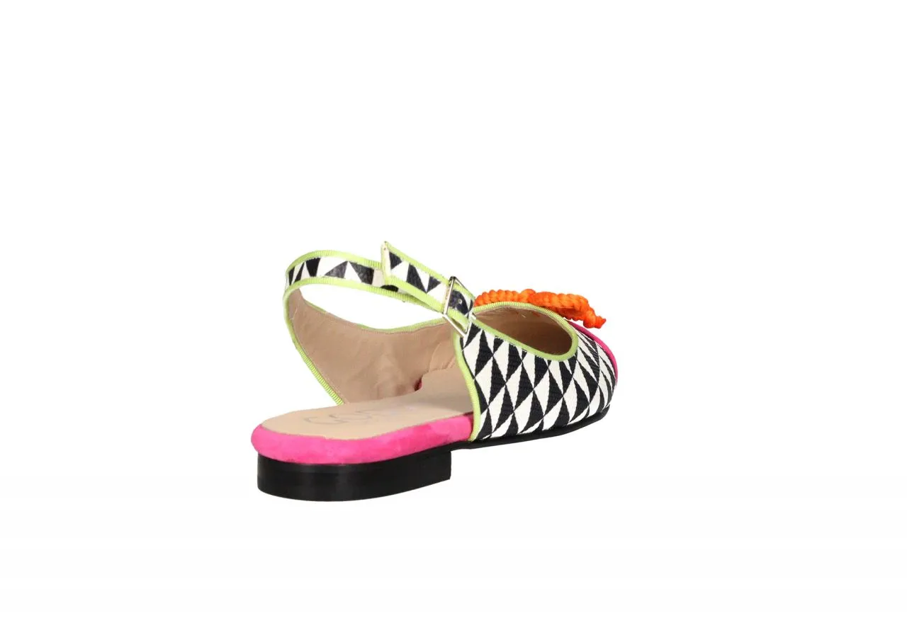 Zapato Talon Abierto Piel Blanco/negro Punta Ante Fucsia Lazo Naranja